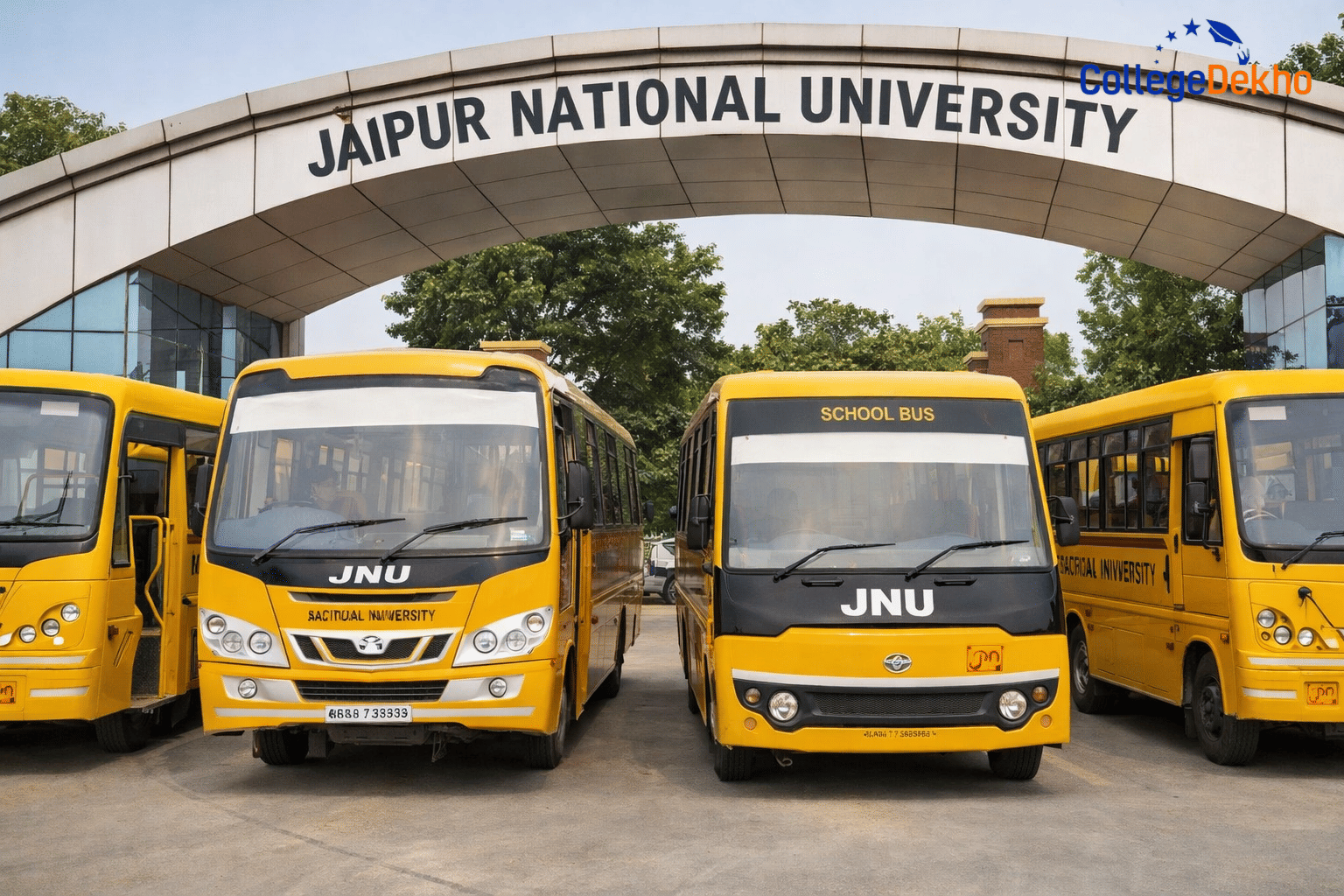 Jaipur National University campus buses at main gate