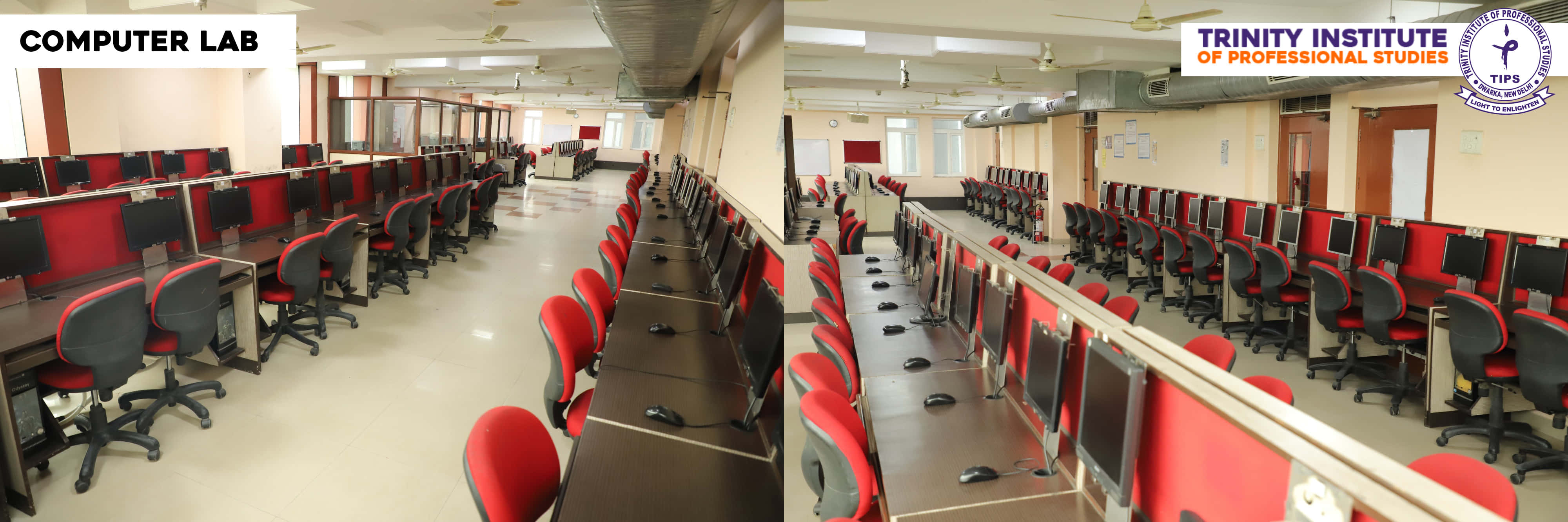 Computer lab with chairs and desktop computers