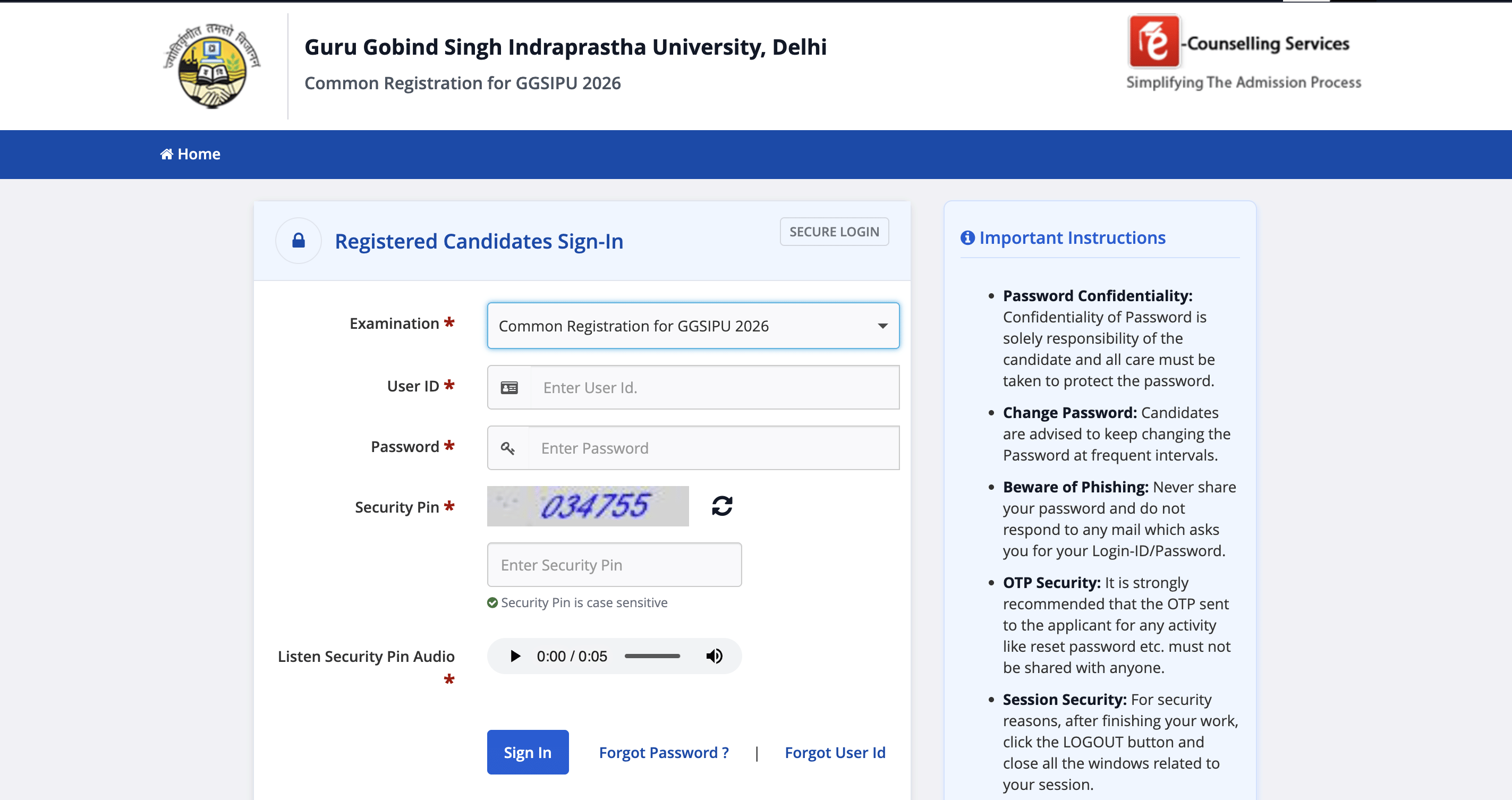 GGSIPU Common Registration Portal for Counselling 2026 at admissions.nic.in 