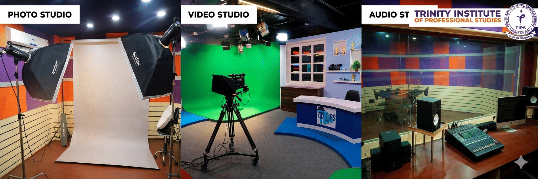 Media lab with photo lighting, green screen, and audio booth
