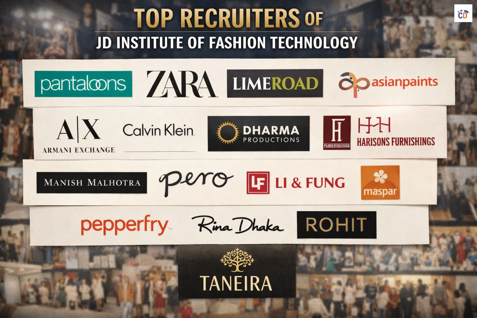 JD institute of Fashion Technology top recruiters list such as ZARA, Pantaloons, Calvin Klien and etc.