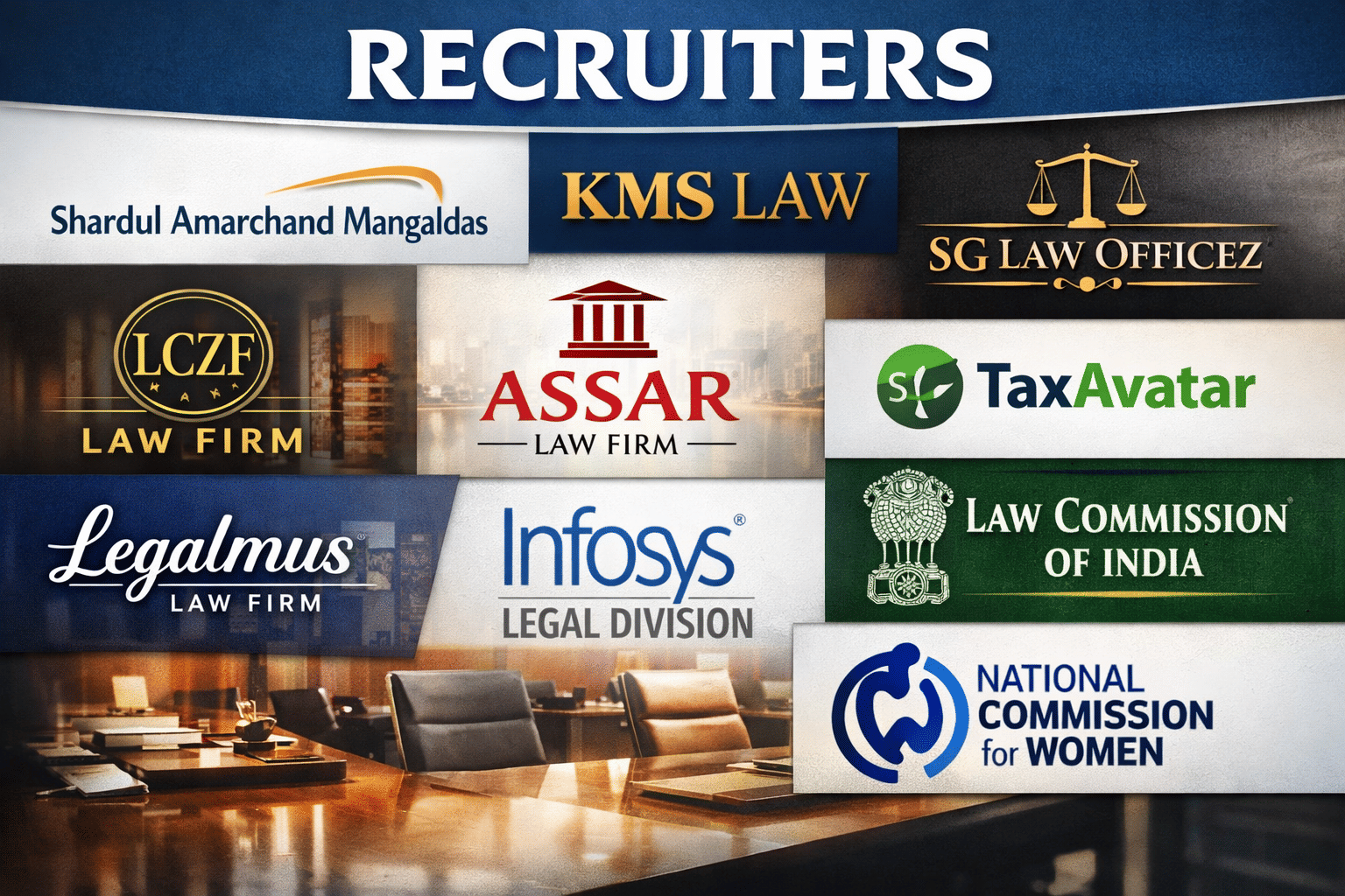 Legal recruiters featuring law firms, Infosys Legal Division, Law Commission of India, and NCW.