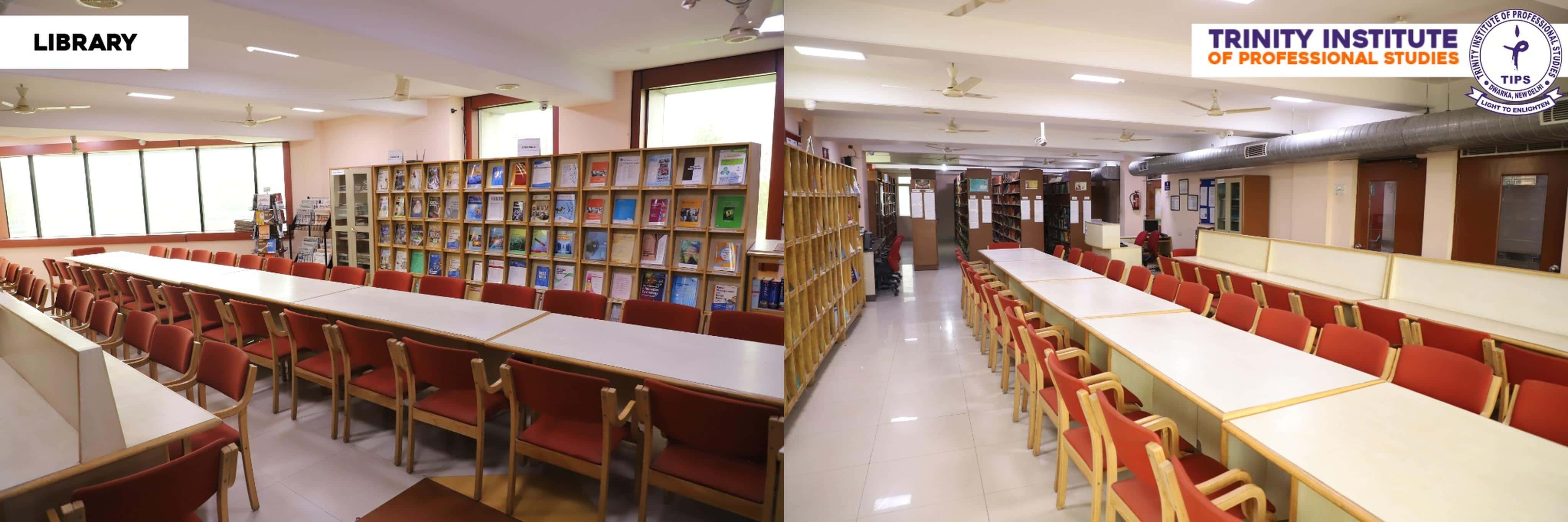 Trinity Institute of Professional Studies library with study tables, bookshelves, and seating