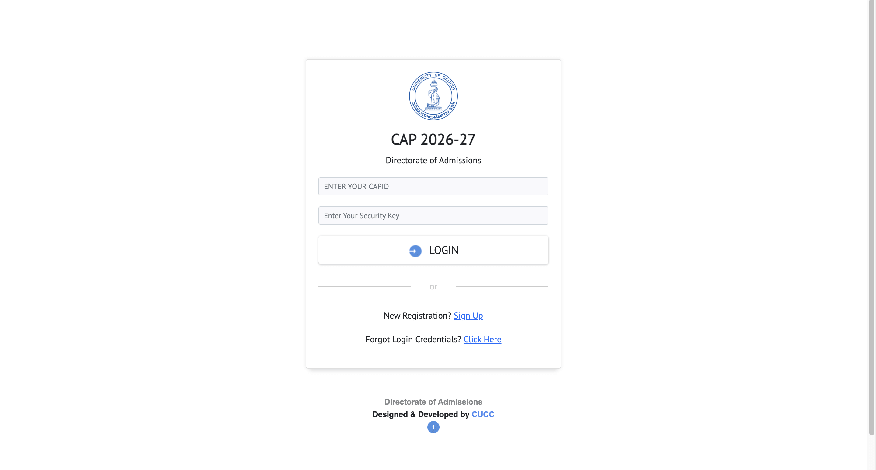 Calicut University UGCAP 2026 registration portal at admission.uoc.ac.in showing FYUGP 2026-27 Apply Now link