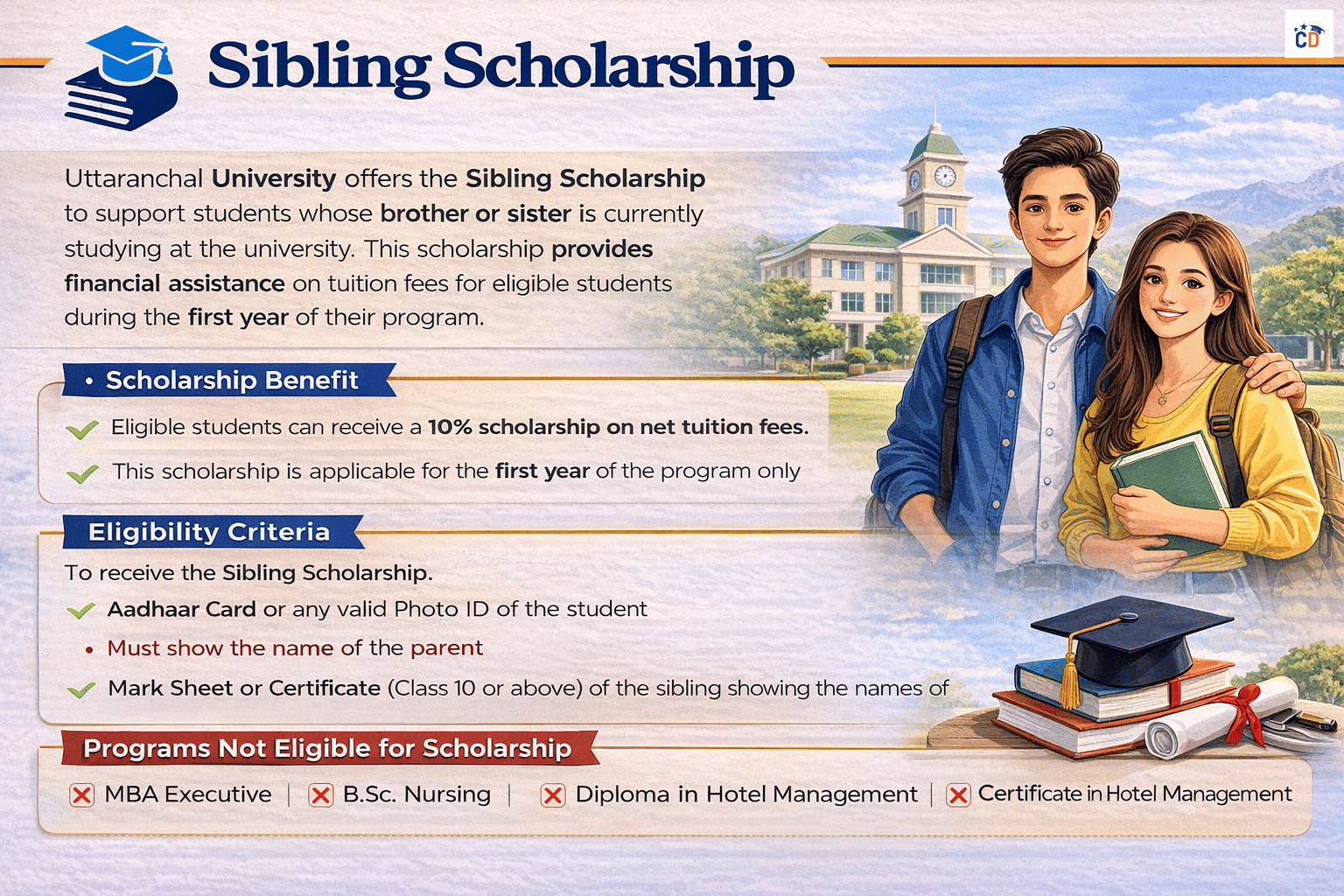 Uttaranchal University Sibling Scholarship offering 10% tuition fee benefit