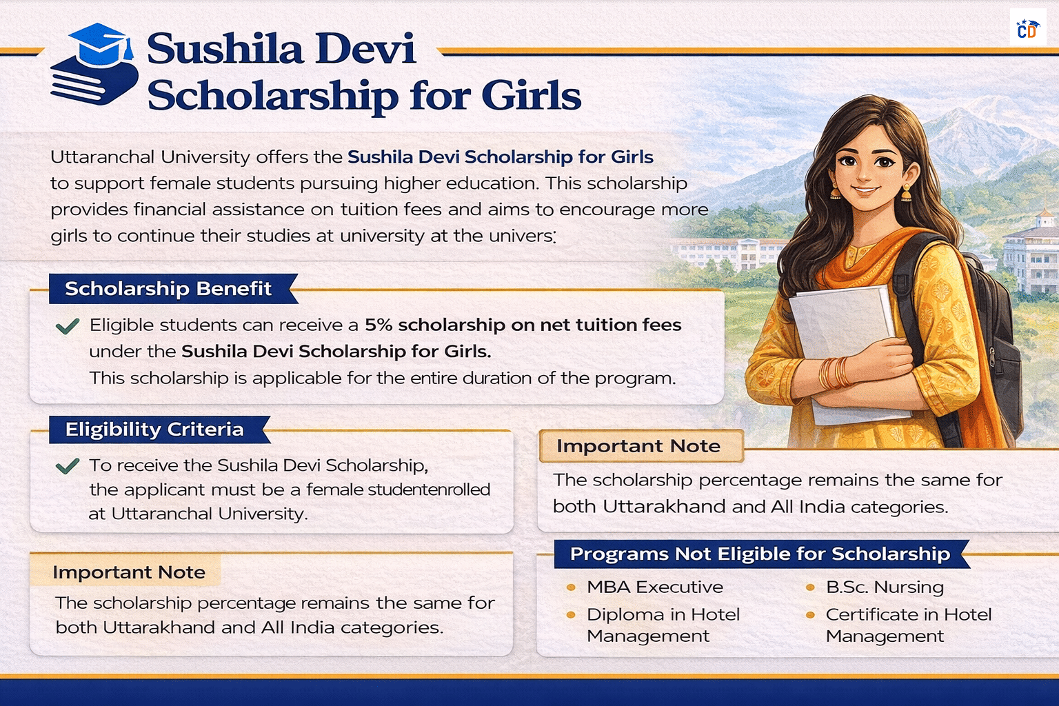 Uttaranchal University Sushila Devi Scholarship for Girls offering 5% tuition fee benefit.