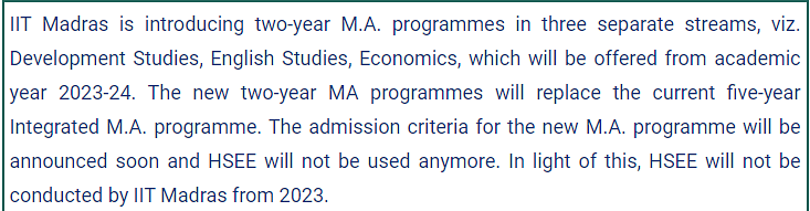 IIT Madras - Registration for HSEE 2022 examination that admits