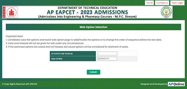 AP EAMCET Special Phase Web Options 2023