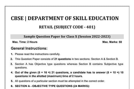 CBSE Class 10 Retail Sample Question Paper 2023 PDF