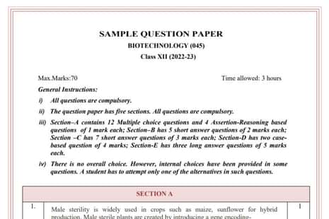 CBSE Class 12 Biotechnology Sample Question Paper 2023 PDF