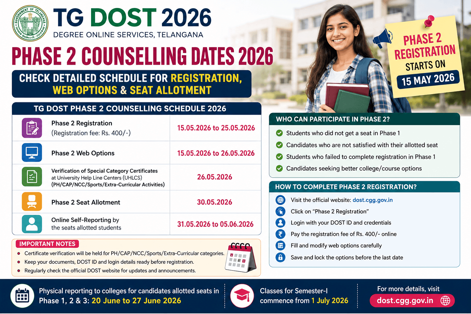 TG DOST Phase 2 Counselling Dates 2026: Check detailed schedule for registraion, web options & seat allotment