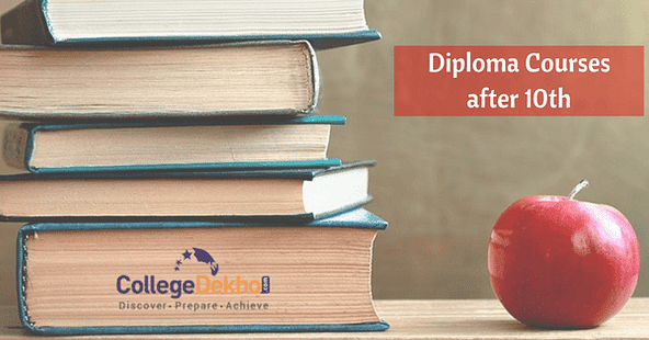 Stack of diploma course books placed alongside an apple on a wooden table