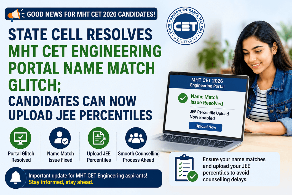 State Cell Resolves MHT CET Engineering Portal Name Match Glitch; Candidates Can Now Upload JEE Percentiles