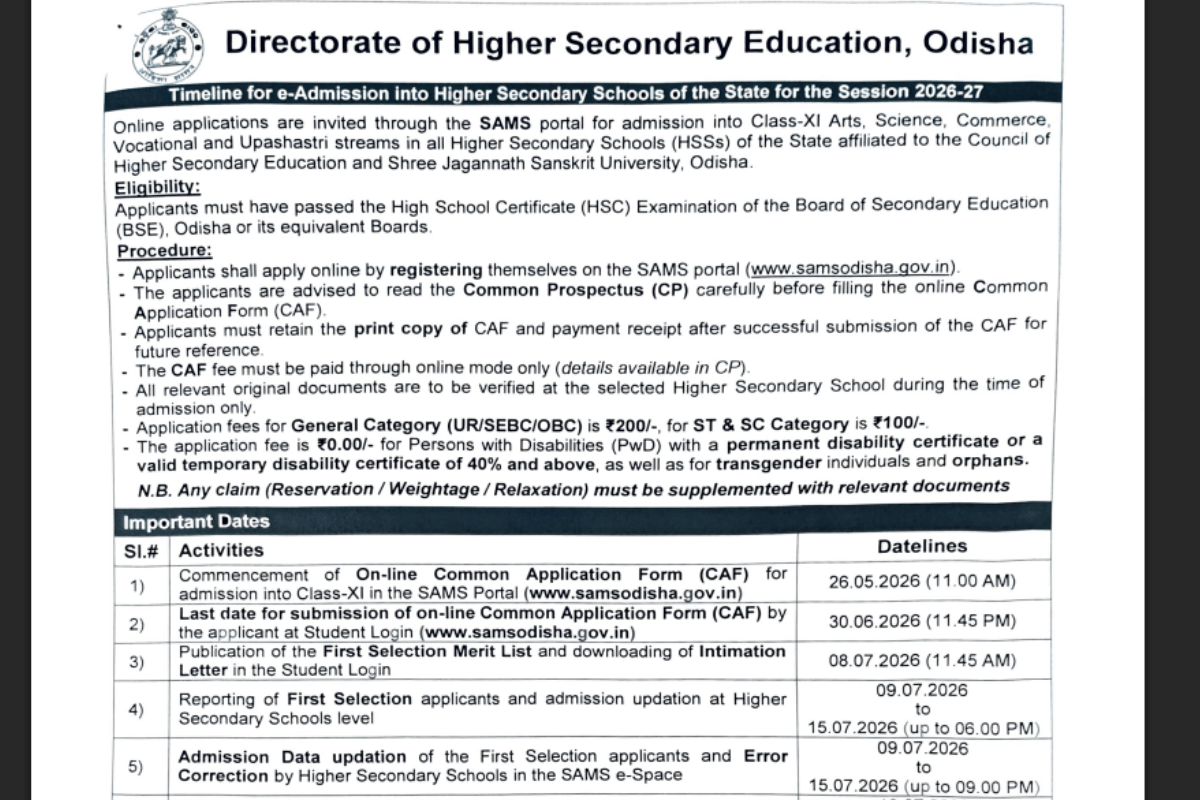 SAMS Odisha Plus 2 Admission 2026 Dates Announced: Registration to begin on May 26
