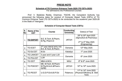 TS Common Entrance Test Exam Dates 2025 Released: Check schedule for ...