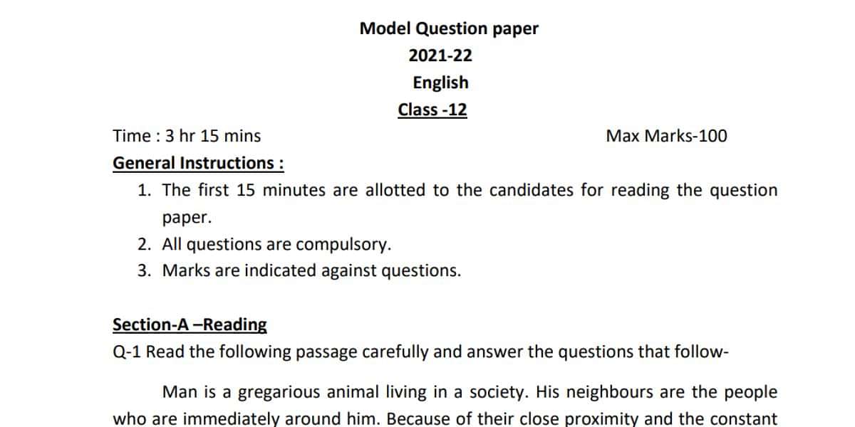 UP Board 12th English Sample Question Paper 2023 PDF Download