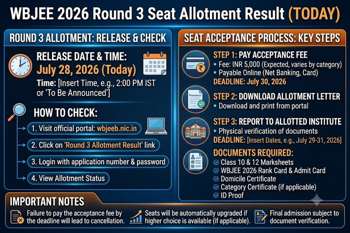 WBJEE 2026 Round 3 Seat Allotment Result (TODAY): Release Time; Seat Acceptance Process