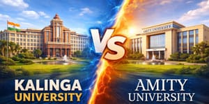 Kalinga University vs Amity University comparison image showing both campuses with a central VS design.