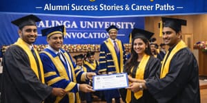 Graduation ceremony at Kalinga University where alumni students in caps and gowns receive their certificates on stage in a university hall.