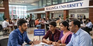 Admissions counselling session in progress inside Kalinga University building, where a counselor is guiding a student and parents about available courses while other counselling discussions are happening in the background.