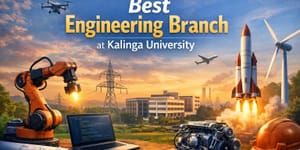 Best Engineering Branch at Kalinga University article cover showing a modern university campus with engineering elements like a robotic arm, rocket launch, etc