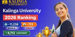 Kalinga University 2026 ranking banner featuring global, India, and continent ranks with student holding books on blue gradient background.
