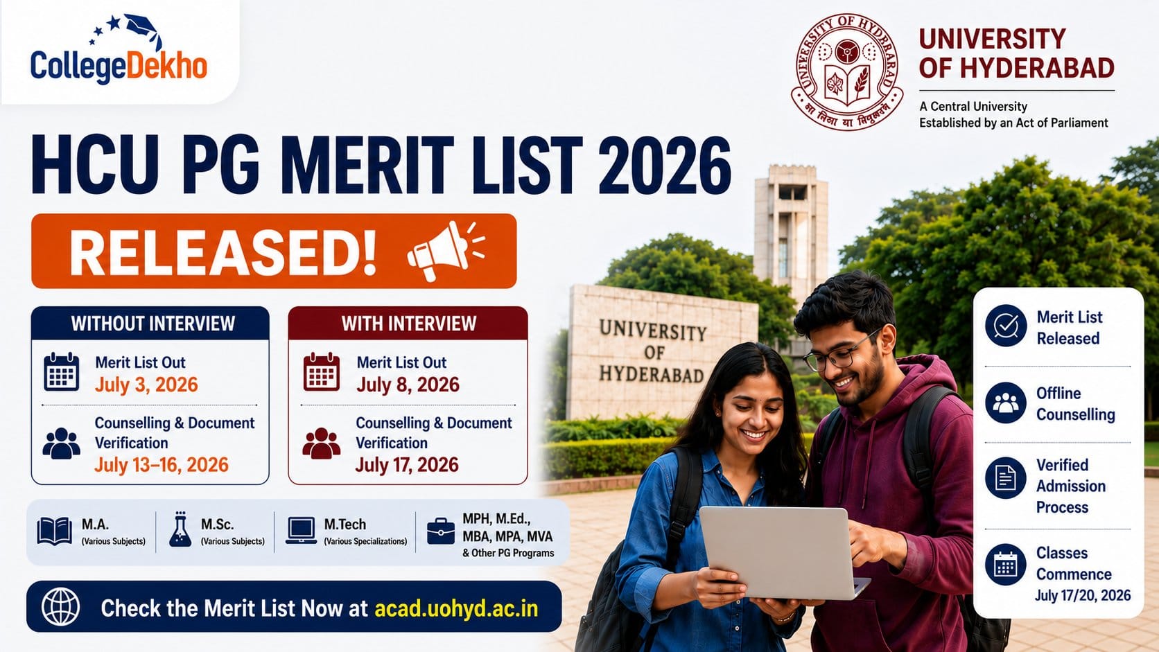 University of Hyderabad PG Merit List 2026 Out