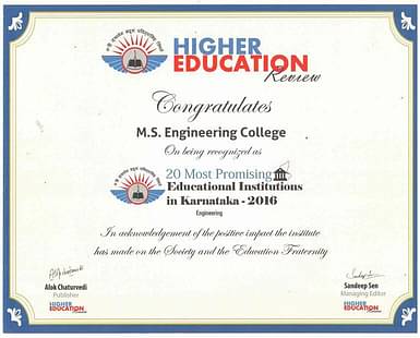 M S Engineering College has been recognized by Higher Education Review Magazine as 20 Most Promising Educational Institutions in Karnataka - 2016