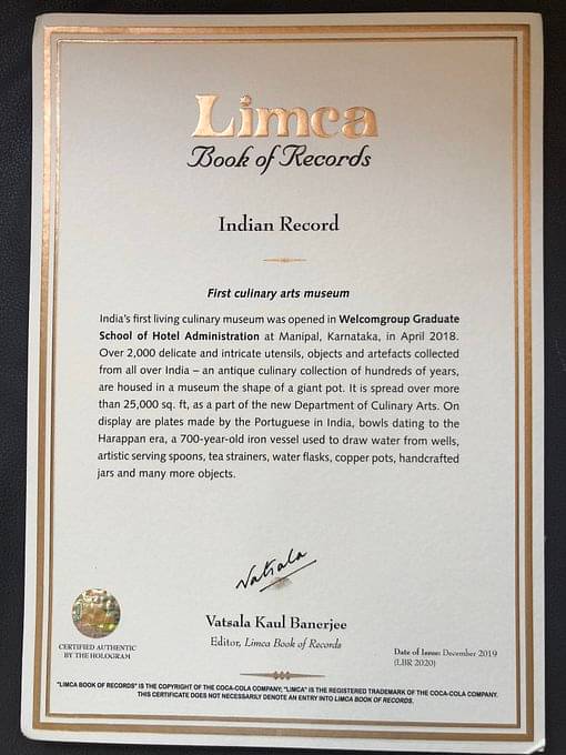 WGSHA LBR Certificate for India's FIrst Culinary Arts Museum