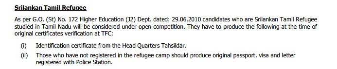 Tamil Nadu B.Arch Admissions Sri Lankan Refugees Eligibility