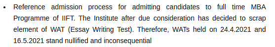 IIFT Notification Regarding Scrapping of WAT