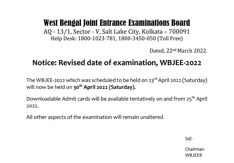Notice: Revised date of Examination, WBJEE-2022