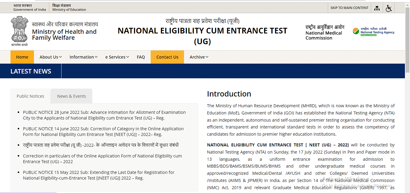 NEET 2023 admit card official page (neet.nta.nic.in)