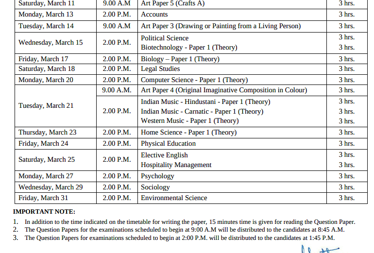 ISC class 12 date sheet