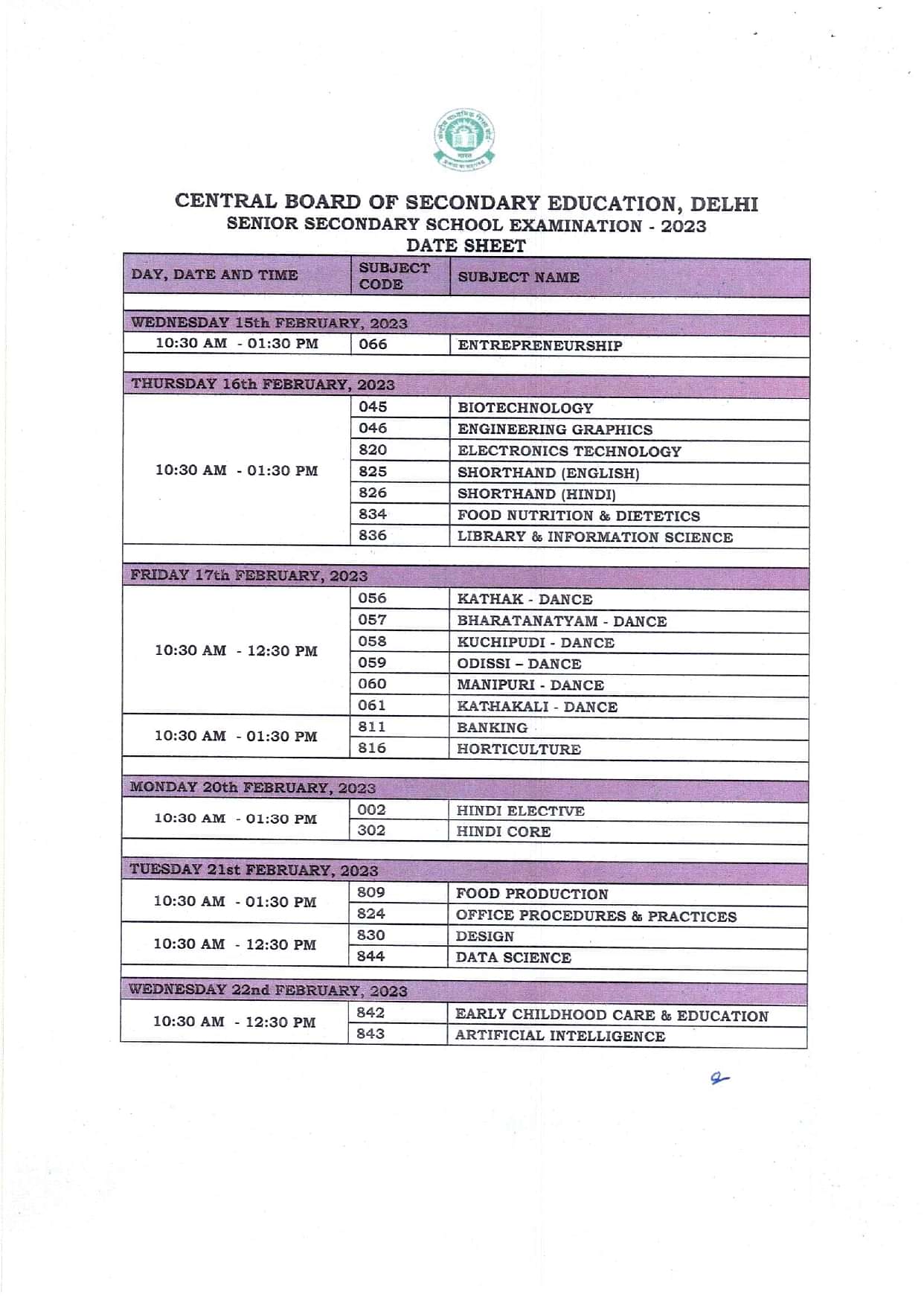 CBSE 12th Date Sheet 2023 Released PDF Download CBSE Class 12th Exam