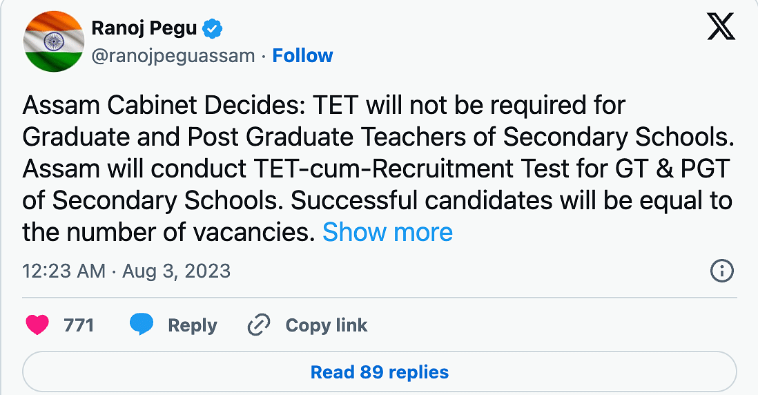 Assam TET 2023 Tweet by Ranoj Pegu