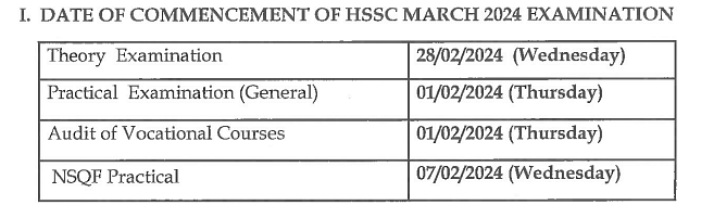 Goa HSSC date sheet 2024