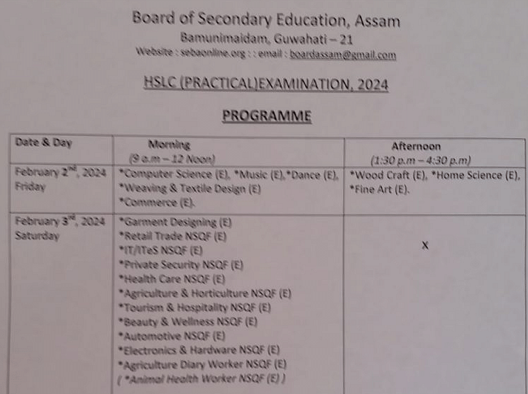 assam hslc routine 2023-24 for practical exams