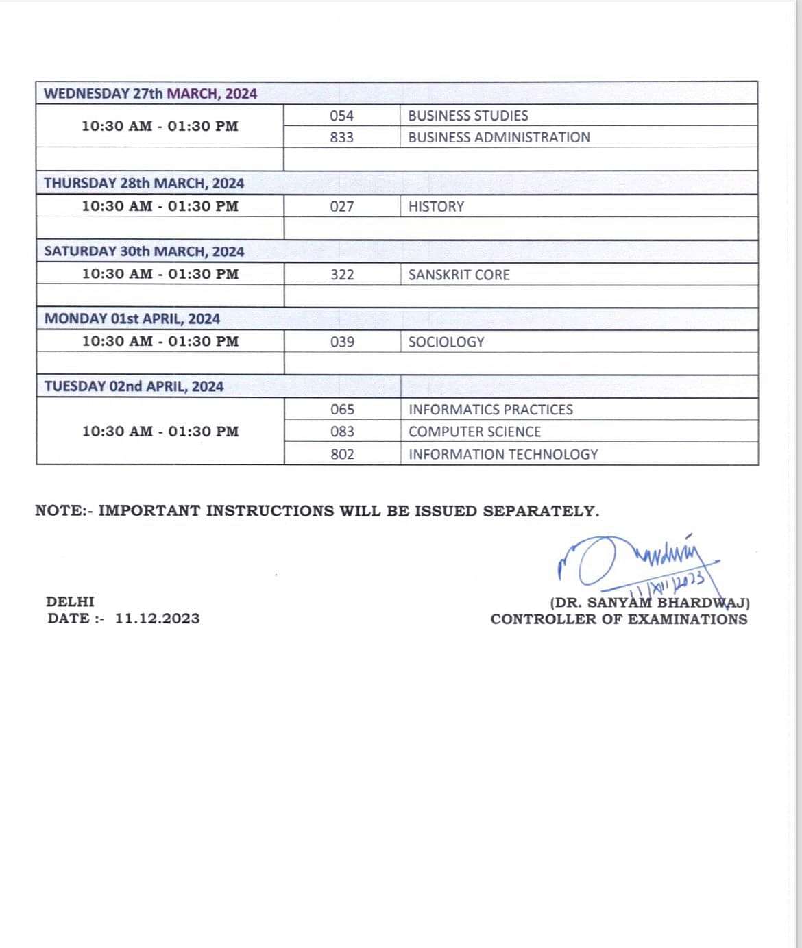 CBSE Date Sheet 5 CLass 12