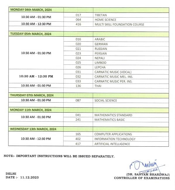 CBSE 10 Time Table 2024