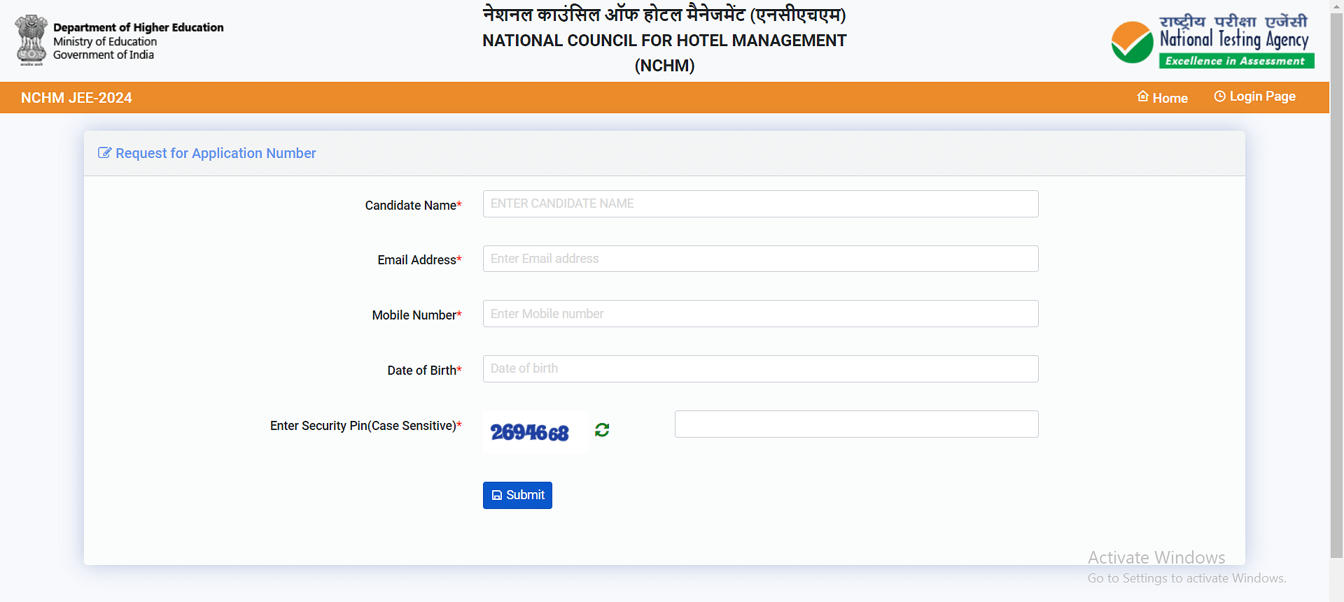 NCHMCT JEE 2024 LOGIN - APPLICATION NUMBER