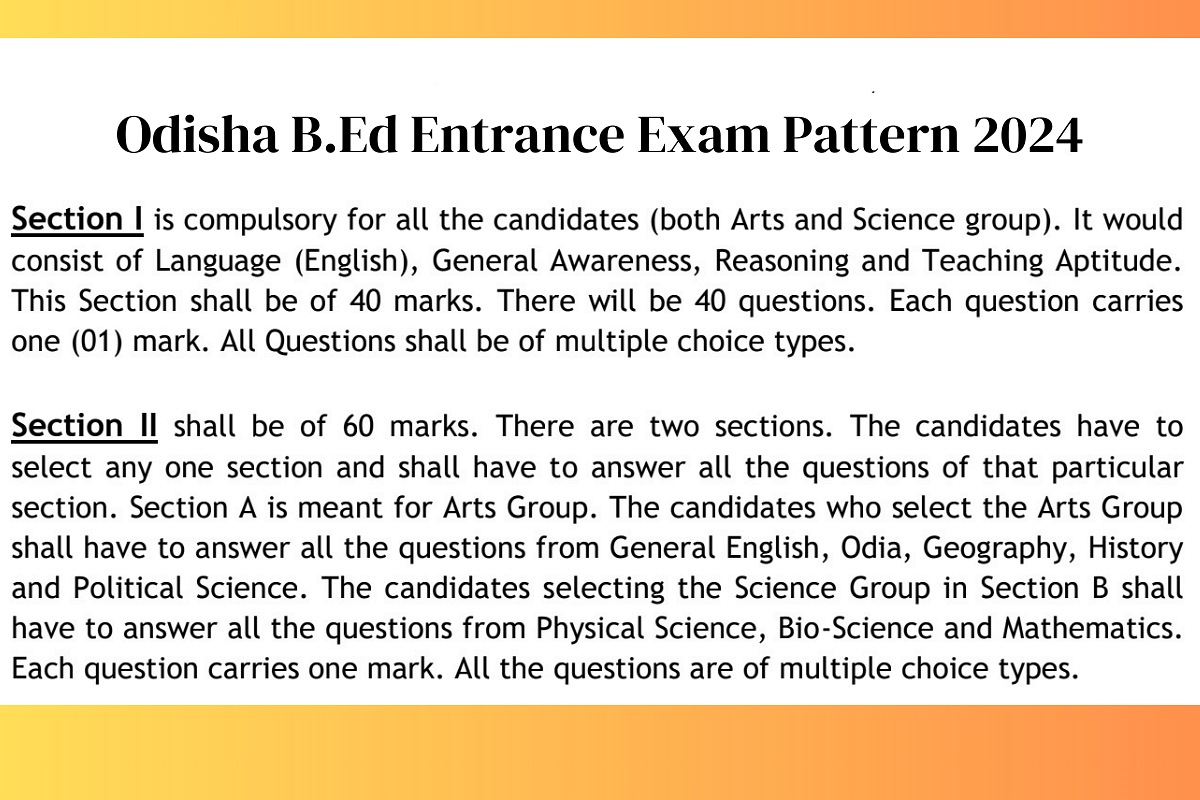 Odisha B.Ed Entrance Exam Pattern 2024