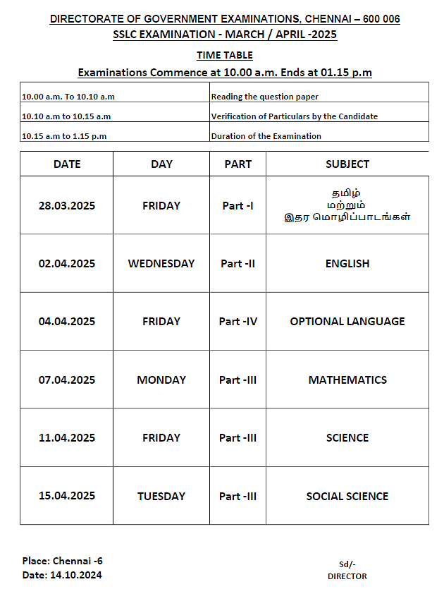 Tamil Nadu SSLC Timetable 2025