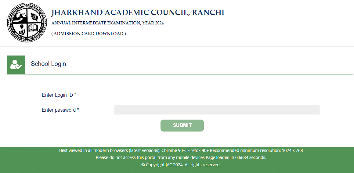 JAC 12th Admit Card 2025 login window