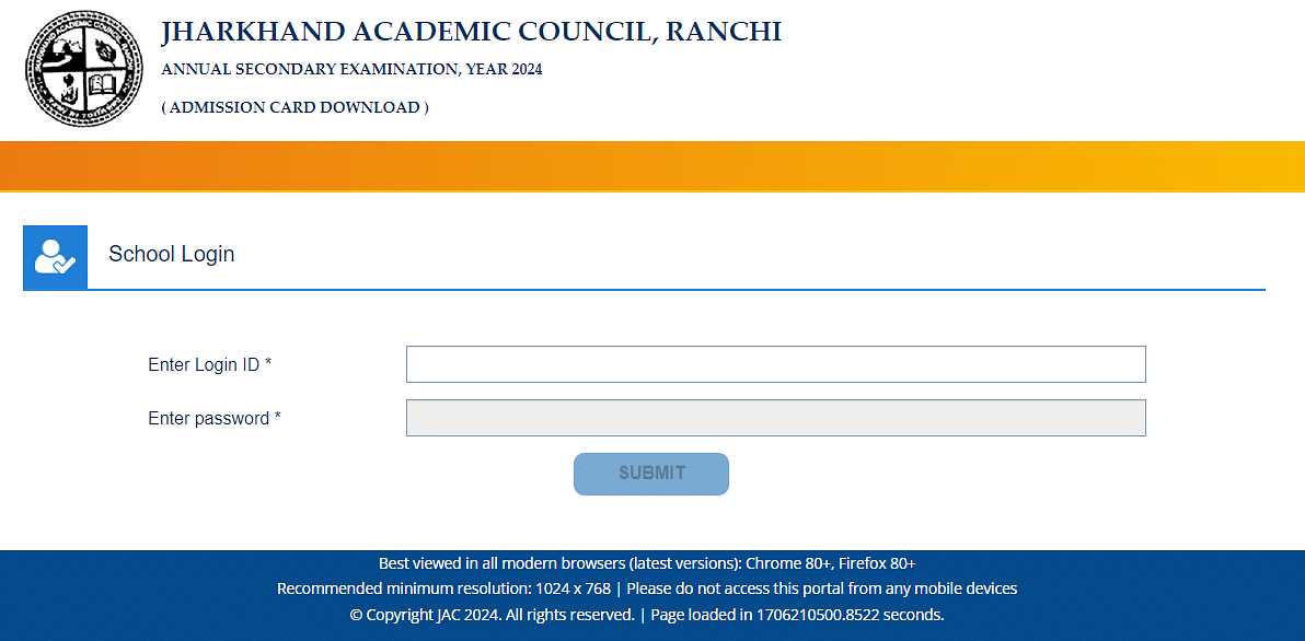 JAC 10th Admit Card 2025 Login Window