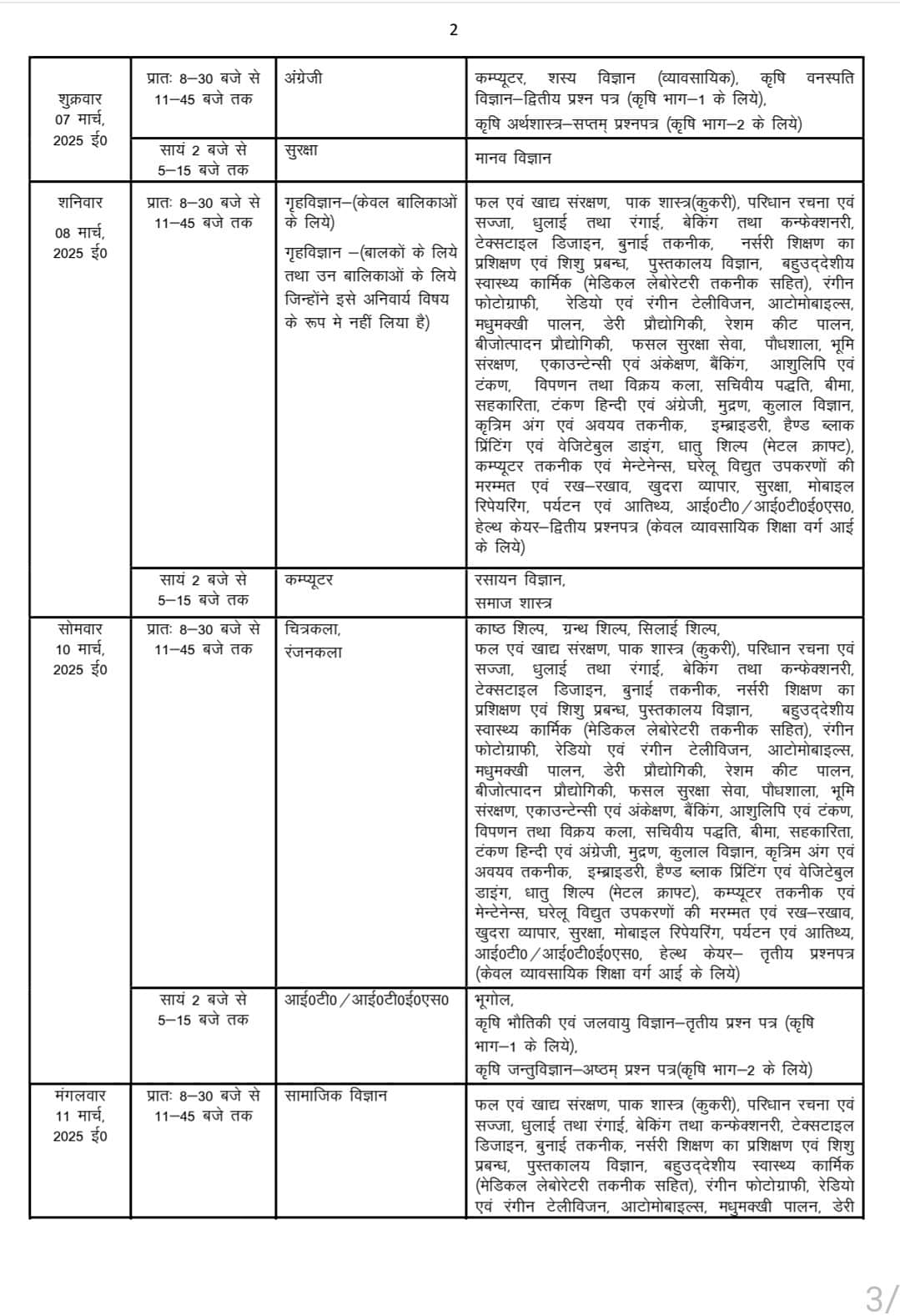 up board class 10 date sheet 2025 in hindi 