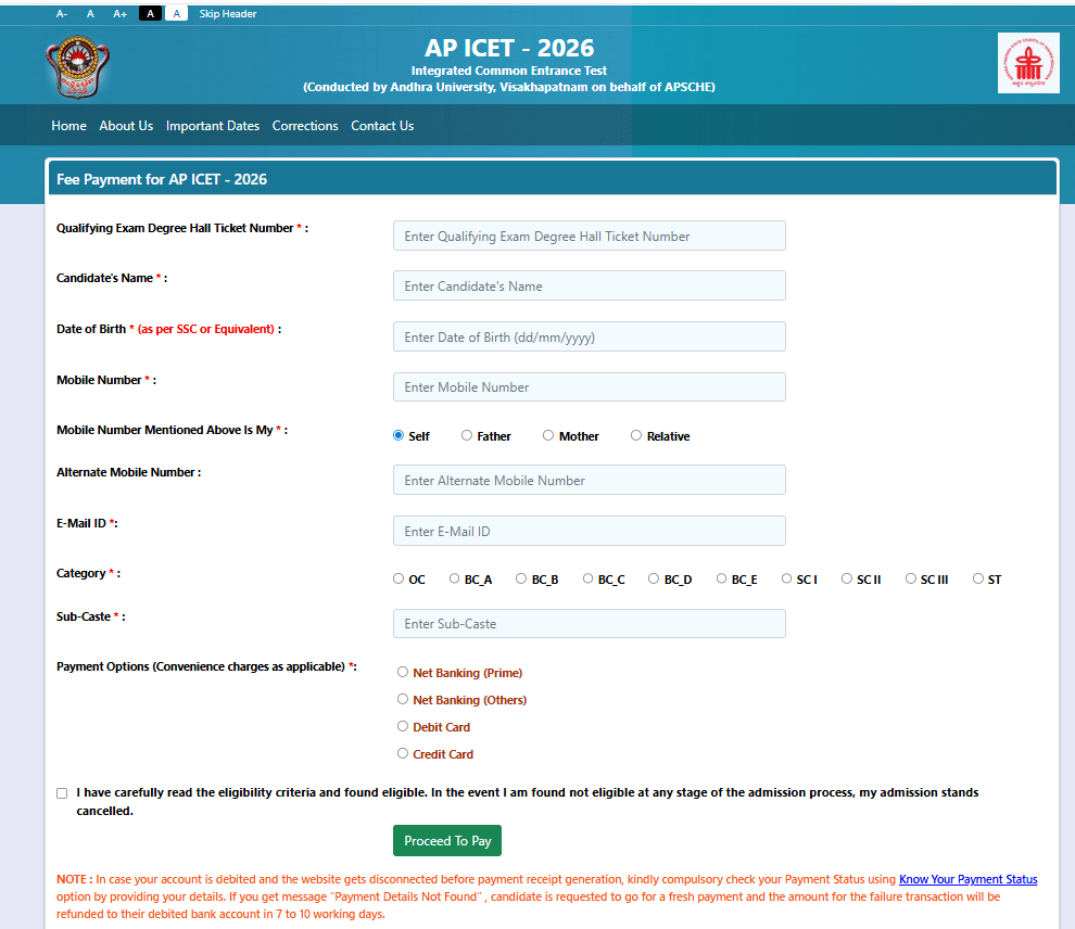 AP ICET 2026 registration portal