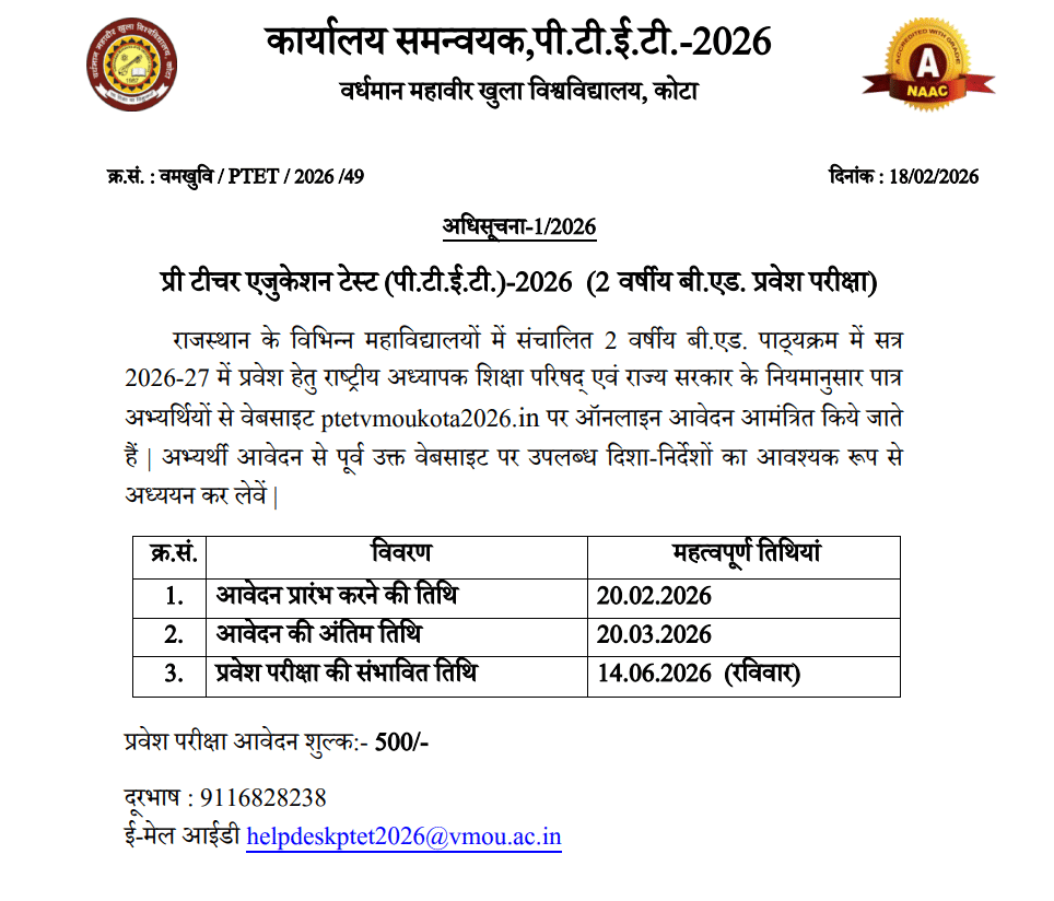 Rajasthan PTET 2026 Notification